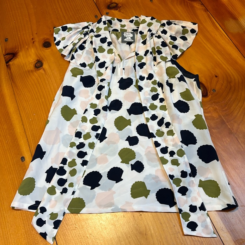 GIRLS FROM SAVOY 4 Silk Shell Print Secretary Blouse Tie Neck Ruffled